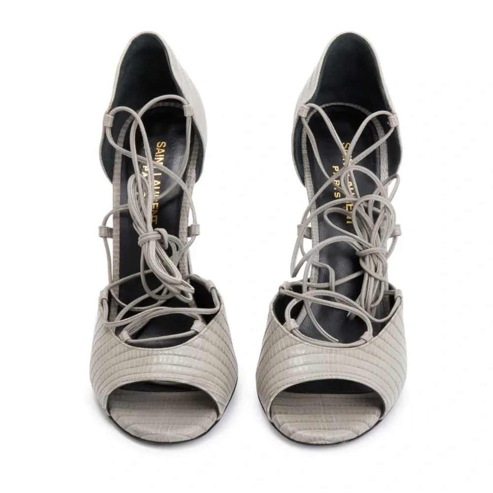 Saint Laurent Embossed Leather Gladiator Open Toe Heels Gray lace up ankle Wrap - Picture 8 of 10